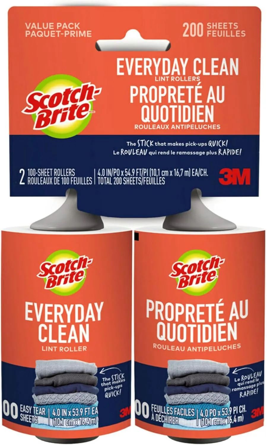 Scotch-Brite Everyday Clean Lint Roller, Lint Remover for Pet Hair, Dark Clothes, Furniture, and Dusty Surfaces, Picks Up Fur & Fluff in Your Home, Car, & Office, 2 Pack, 200 Adhesive Sheets Total