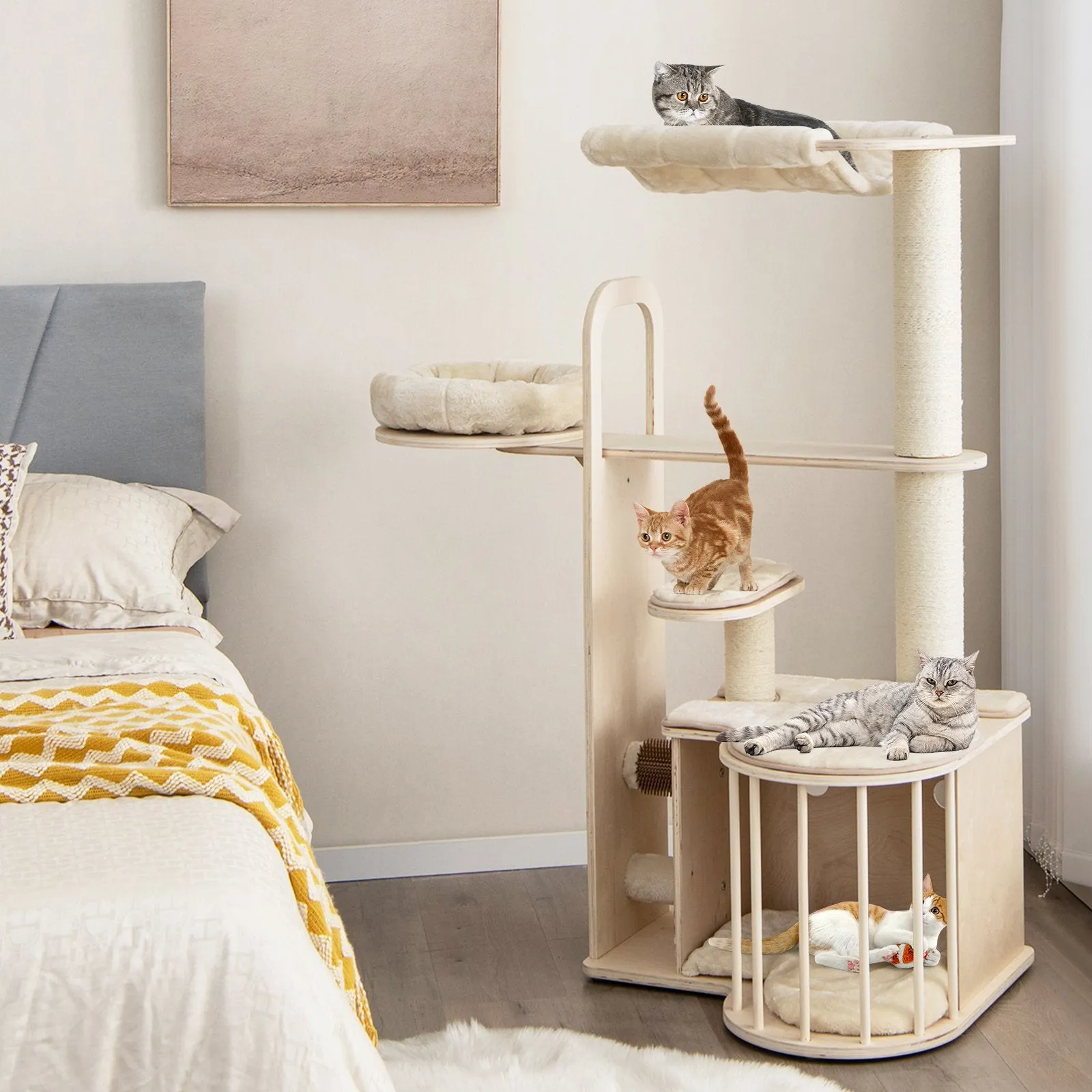 Tall Cat Tree with Hammock Condo and Sisal Scratching Posts-Natural