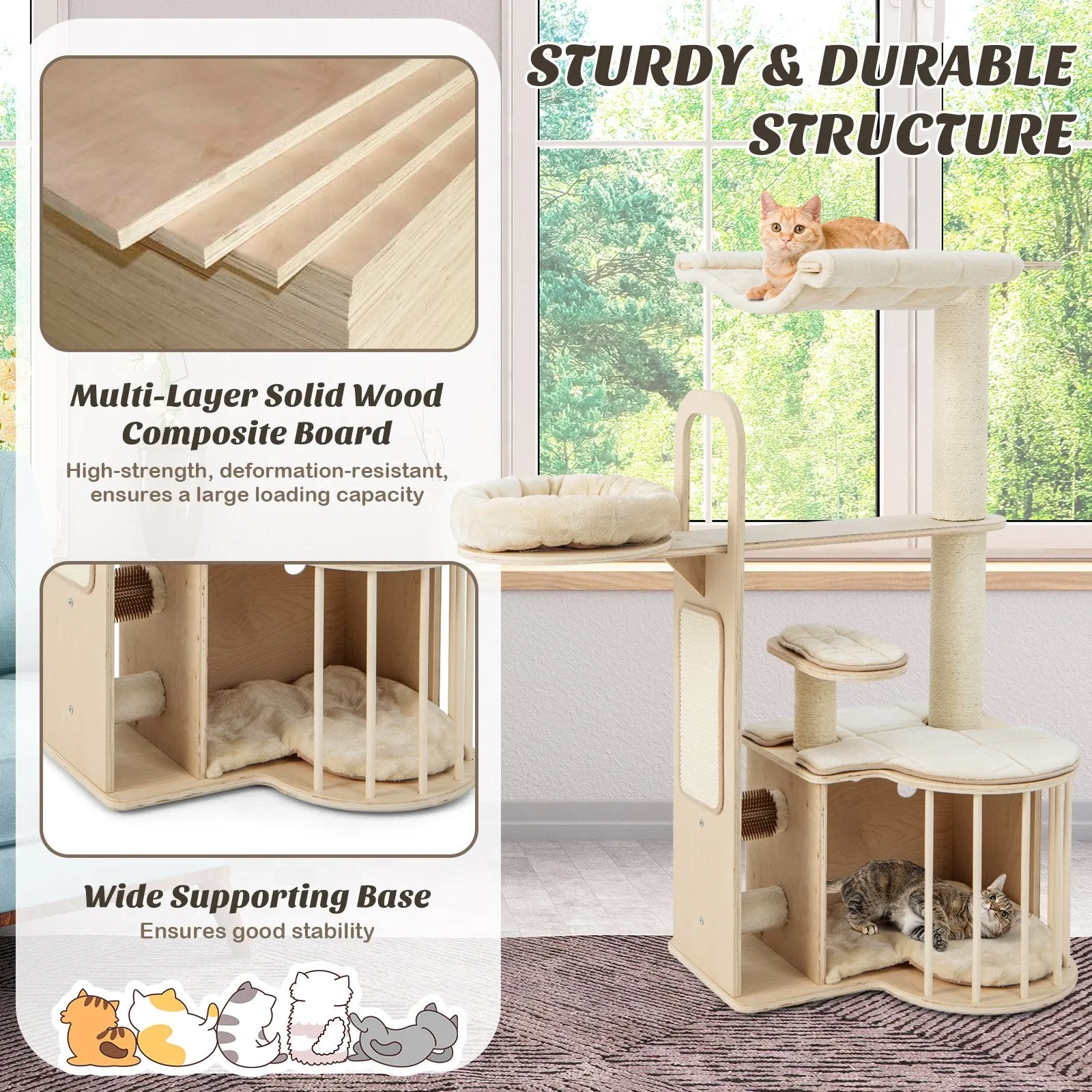 Tall Cat Tree with Hammock Condo and Sisal Scratching Posts-Natural