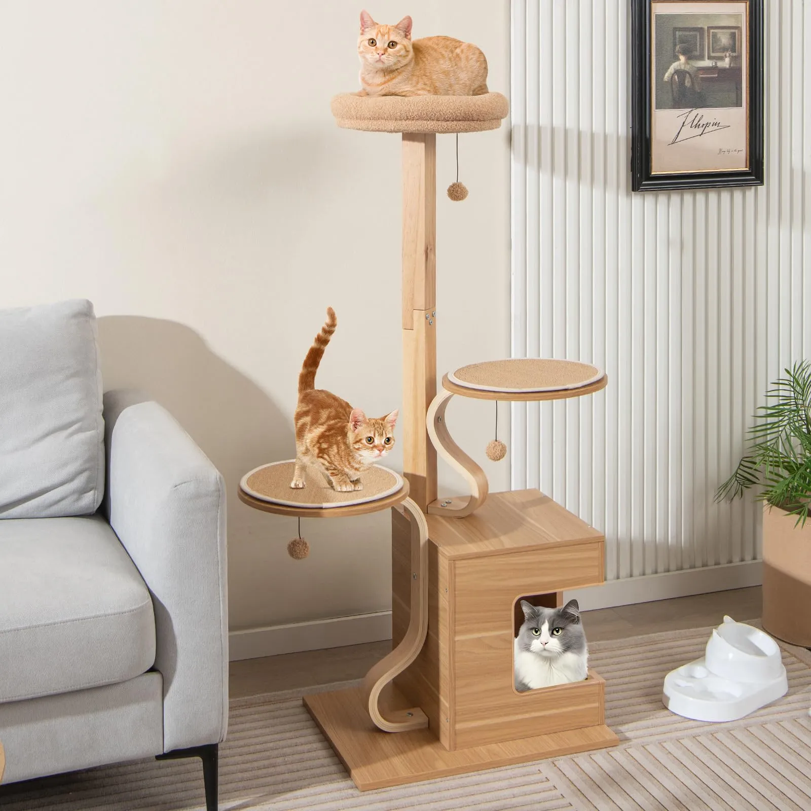 Tangkula Modern Cat Tree, 51 Inch Tall Cat Tower with Solid Wood Post, Curved Plywood Frame
