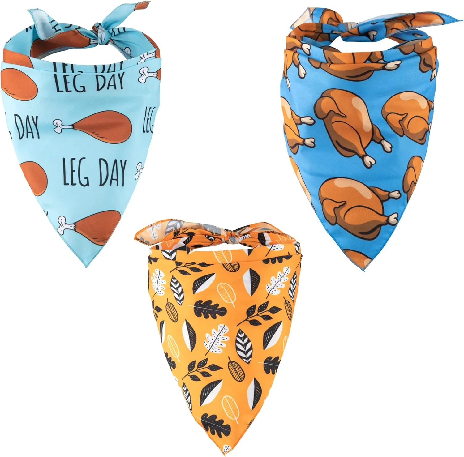 Thanksgiving Dog Bandana 3-Pack, Fall Leaves, Turkey, Leg Day, Holiday Pet Accessory Autumn Bandanna Handkerchief Puppy Scarf, Small, Large Breed Dogs (Thanksgiving Pack 1, Small)