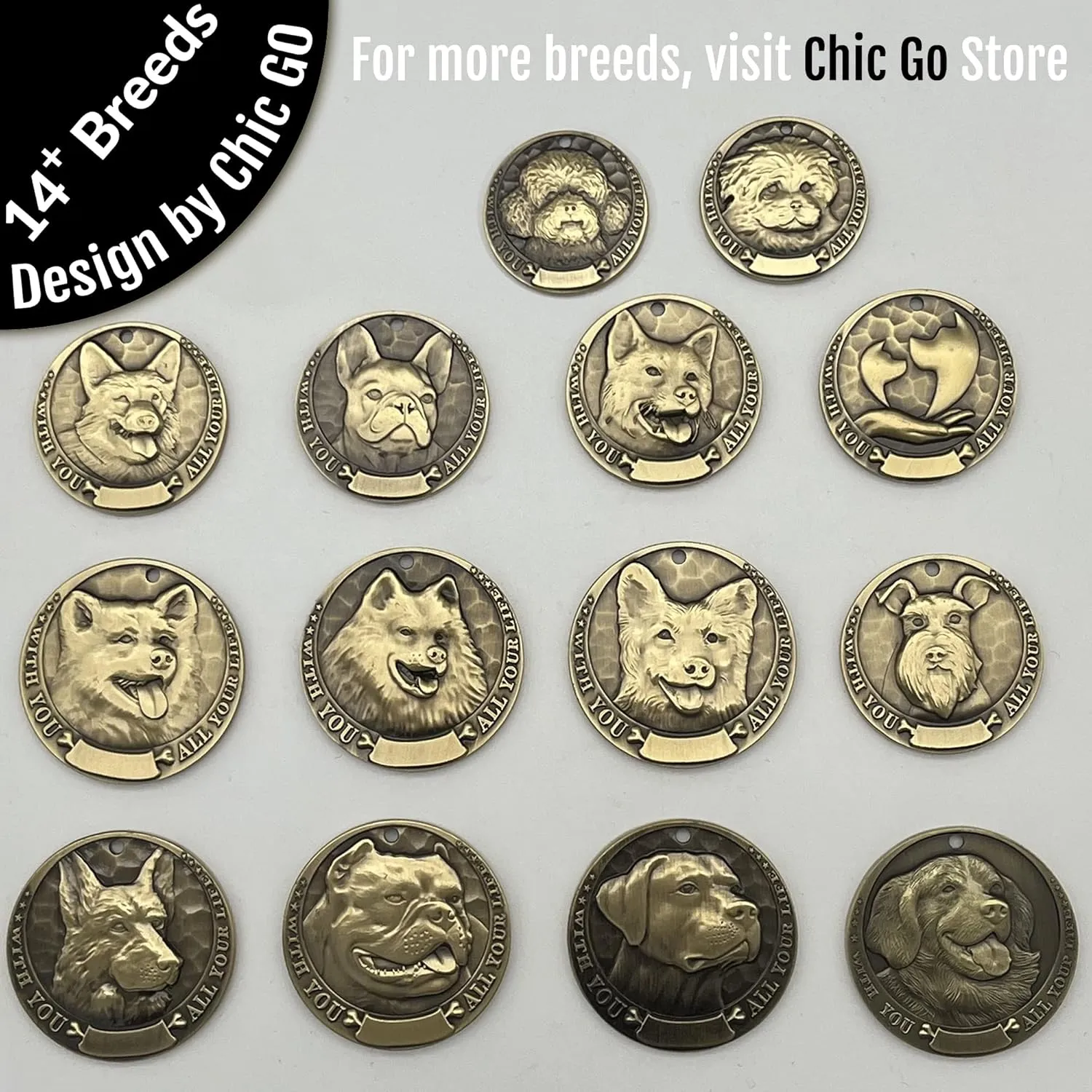 Vintage Pure Copper Personalized Dog Tags, Three-Dimensional Relief Pet Pattern, Custom Pet Tags (Japanese Akita)