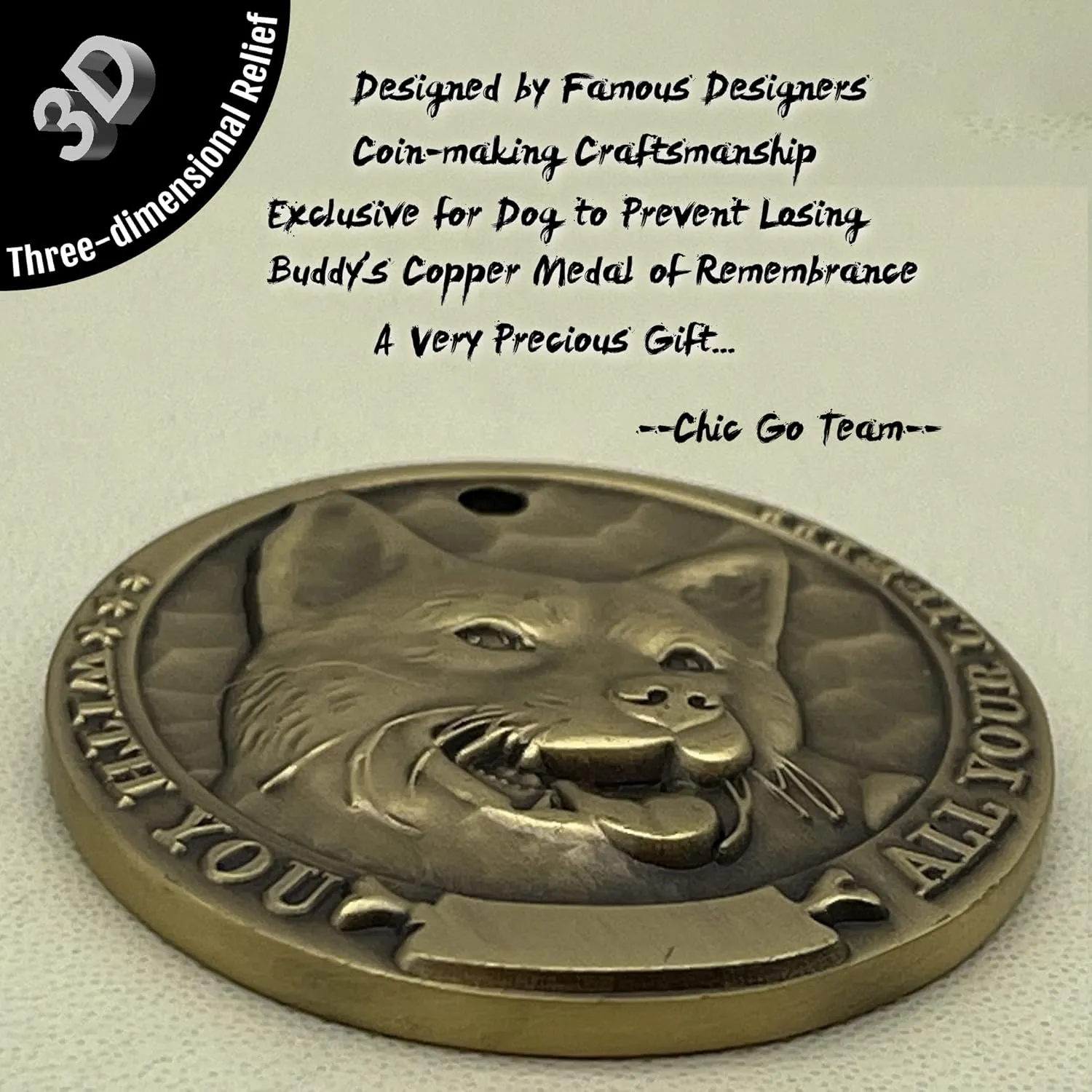 Vintage Pure Copper Personalized Dog Tags, Three-Dimensional Relief Pet Pattern, Custom Pet Tags (Japanese Akita)
