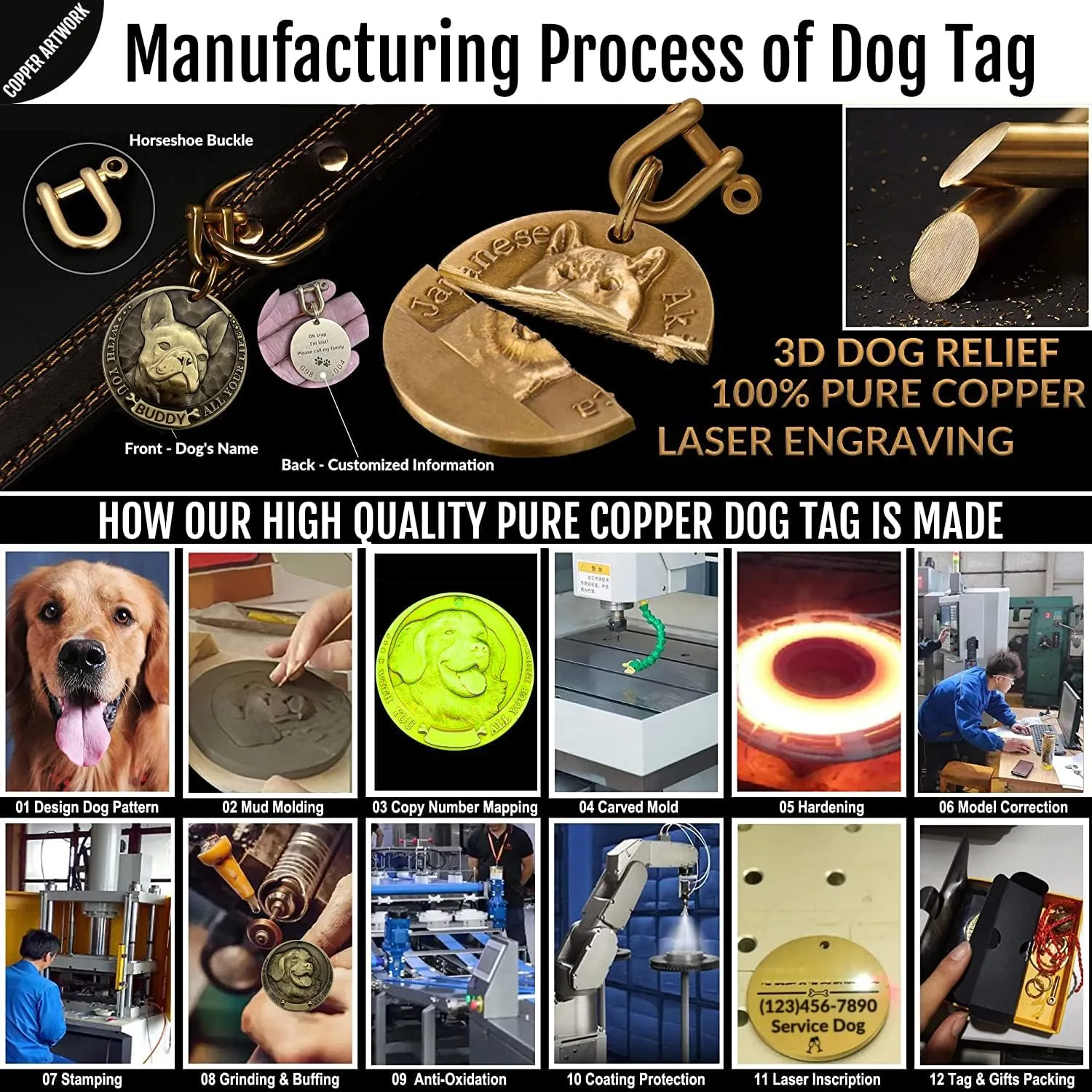 Vintage Pure Copper Personalized Dog Tags, Three-Dimensional Relief Pet Pattern, Custom Pet Tags (Japanese Akita)