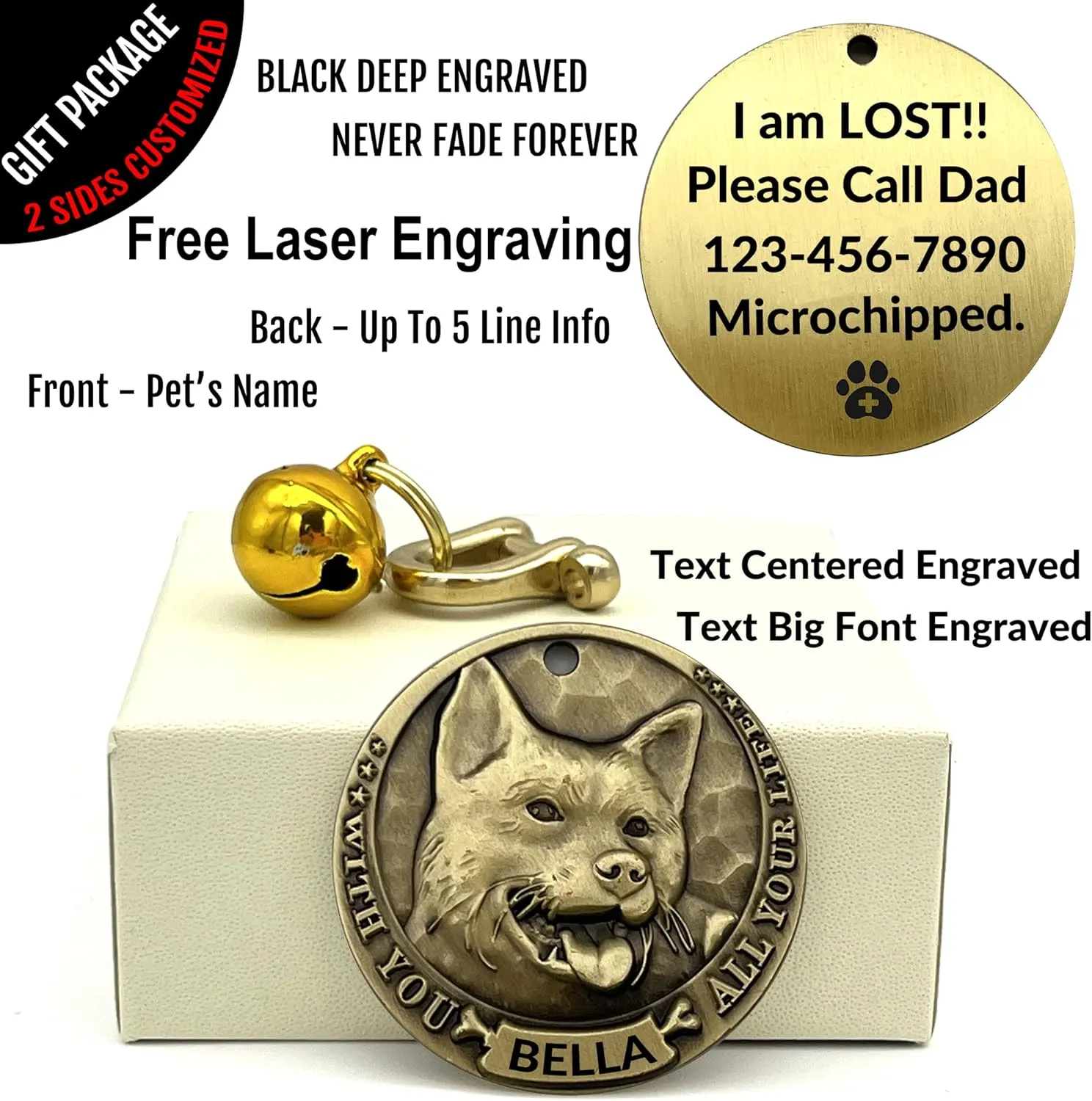 Vintage Pure Copper Personalized Dog Tags, Three-Dimensional Relief Pet Pattern, Custom Pet Tags (Japanese Akita)