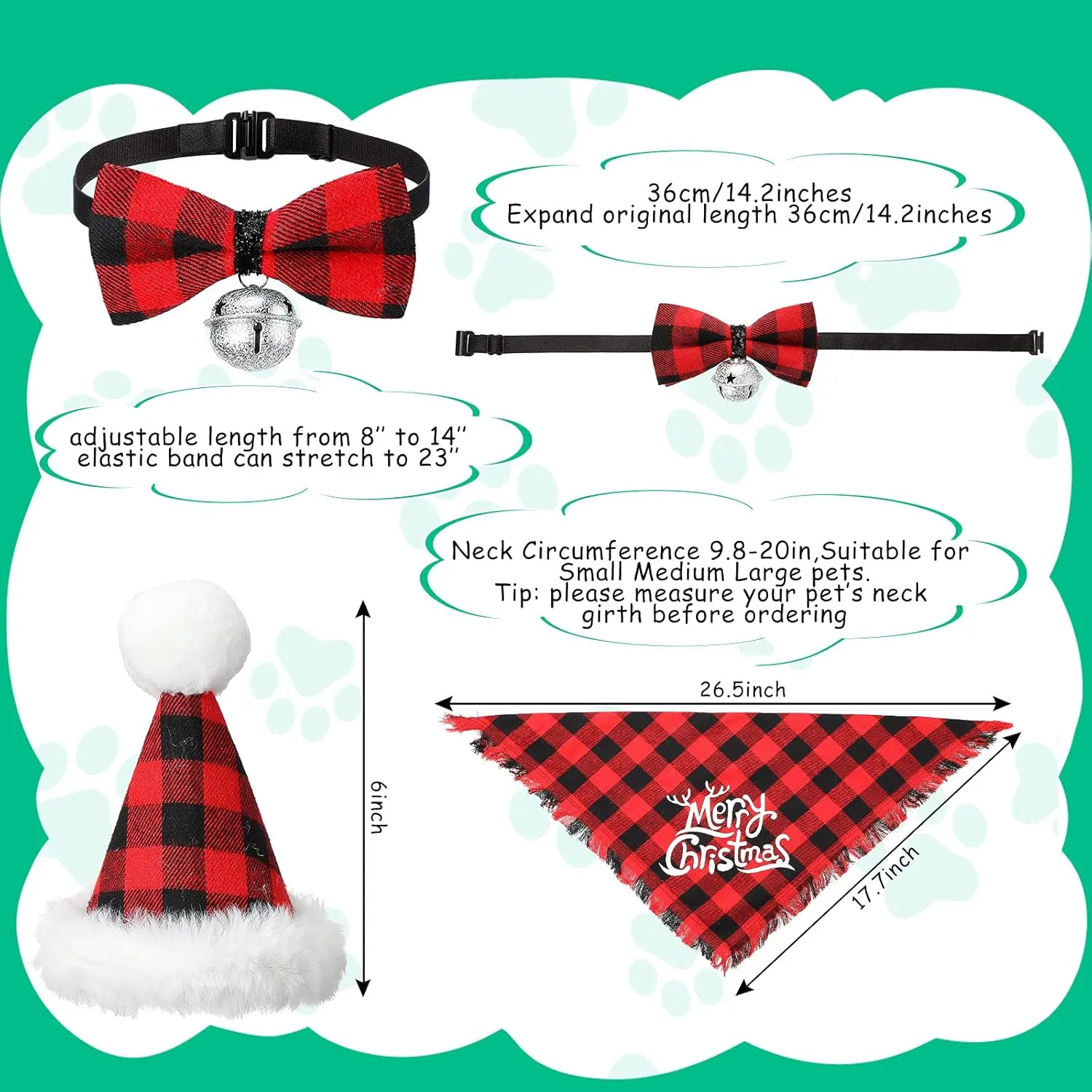 Weewooday 3 Pieces Christmas Dog Costume Set, Buffalo Plaid Bandana Puppy Triangle Scarf Pet Bow Tie with Bell Christmas Hat for Small Medium Large Dog Cat(Black Red)