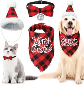 Weewooday 3 Pieces Christmas Dog Costume Set, Buffalo Plaid Bandana Puppy Triangle Scarf Pet Bow Tie with Bell Christmas Hat for Small Medium Large Dog Cat(Black Red)