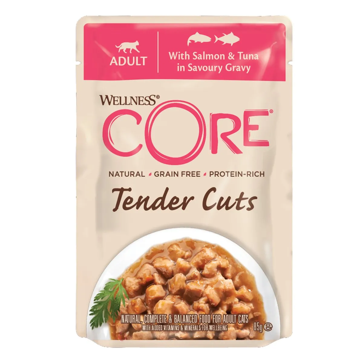 WELLNESS CORE Cat Tender Cuts with Salmon and Tuna in Savoury Gravy 85g