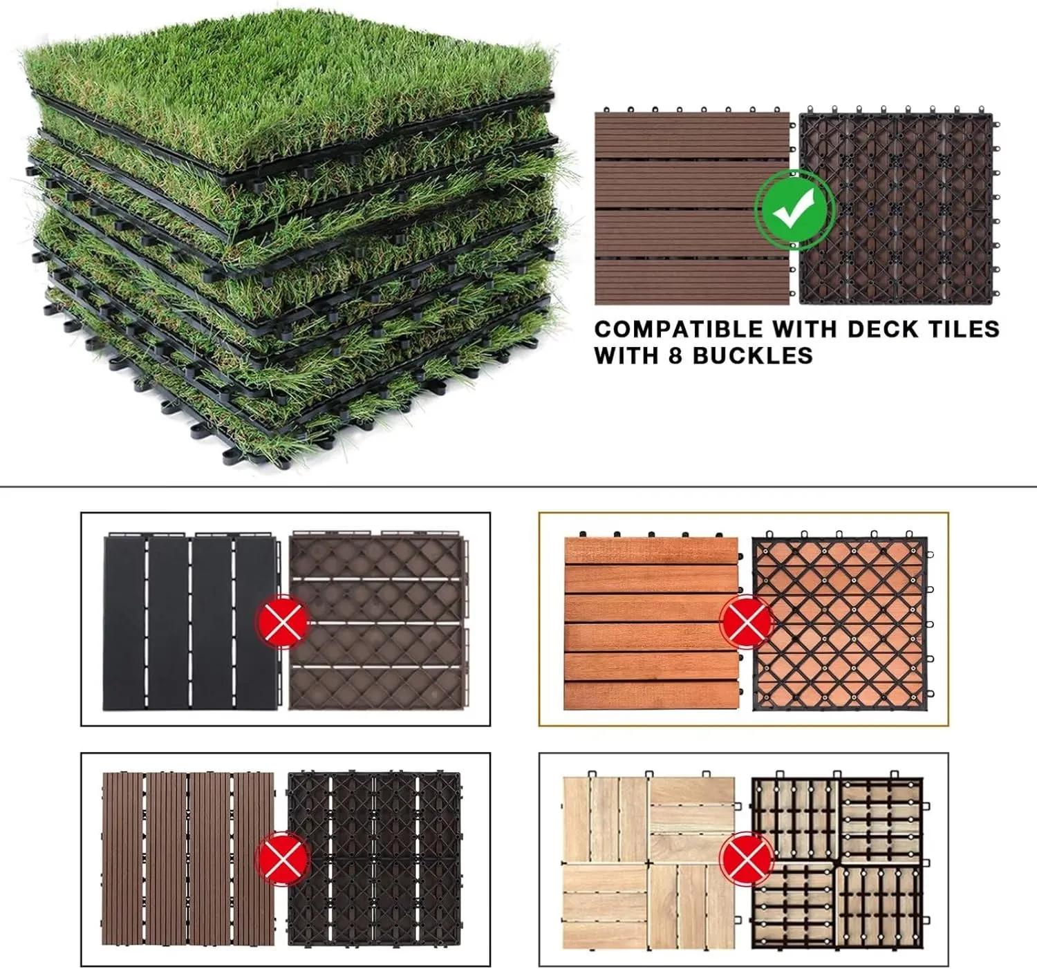 XLX TURF Outdoor Artificial Grass Tiles Interlocking Turf Squares 9 Pack, 12"x12" Fake Grass Mat for Balcony Patio Deck Flooring Decor, Pets Dog Pee Pad, Self-draining 8 Buckle System