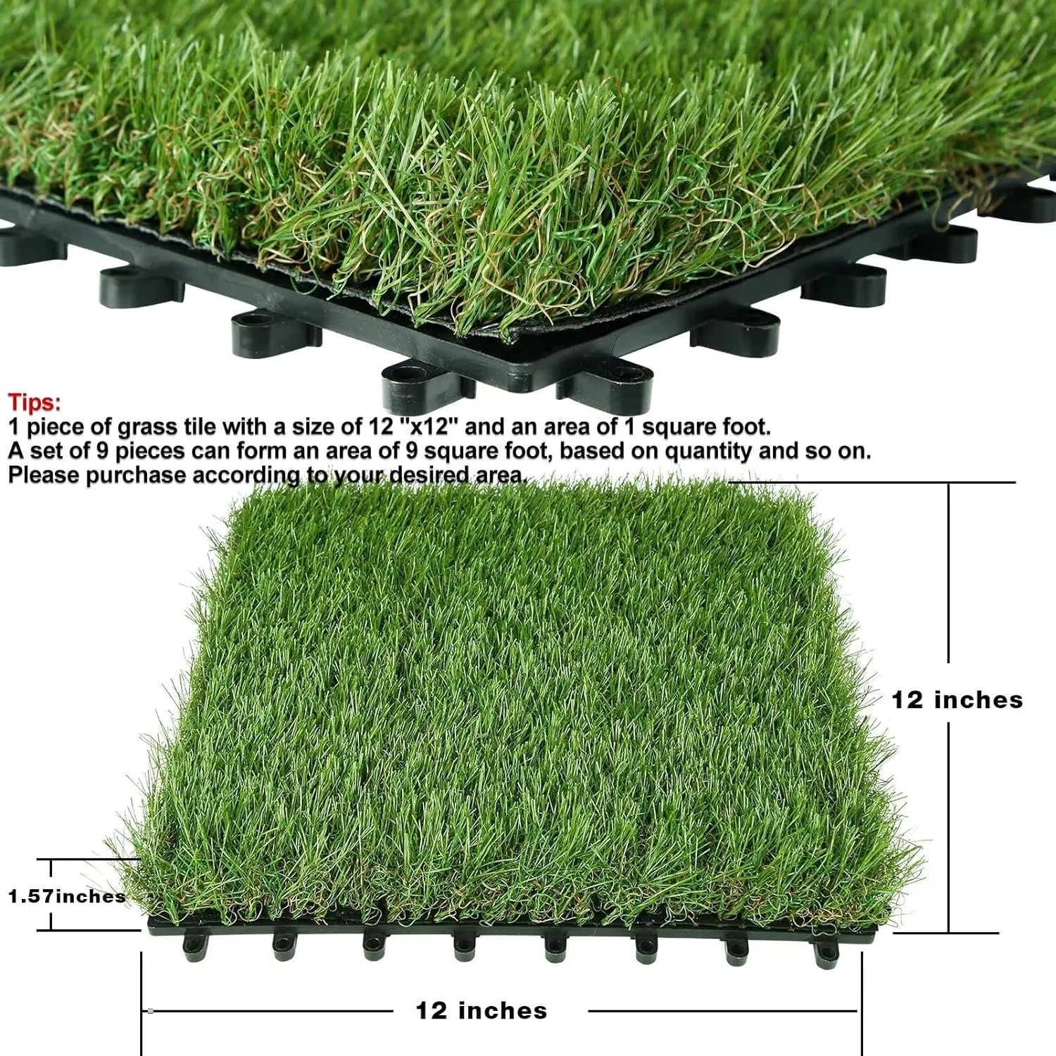 XLX TURF Outdoor Artificial Grass Tiles Interlocking Turf Squares 9 Pack, 12"x12" Fake Grass Mat for Balcony Patio Deck Flooring Decor, Pets Dog Pee Pad, Self-draining 8 Buckle System