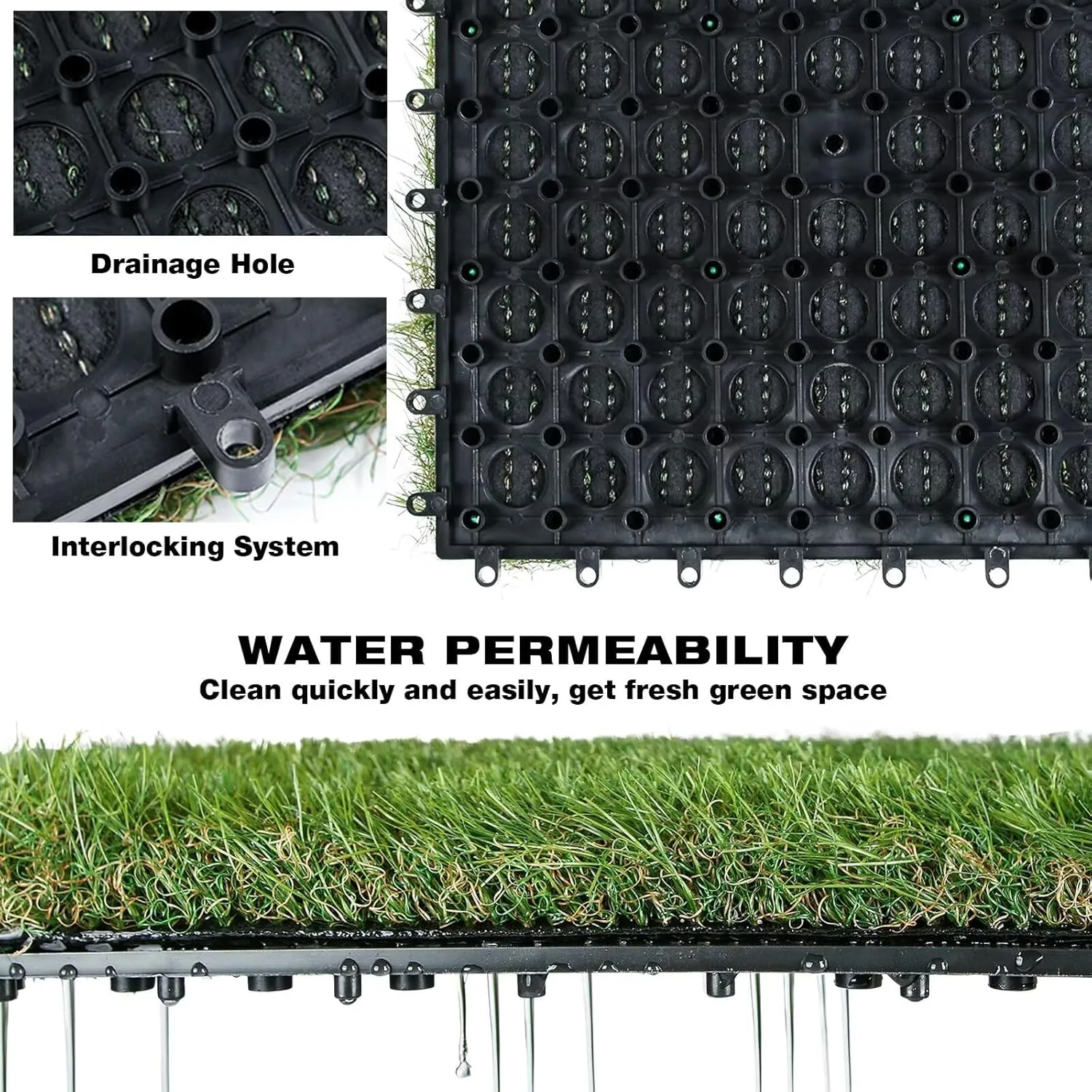 XLX TURF Outdoor Artificial Grass Tiles Interlocking Turf Squares 9 Pack, 12"x12" Fake Grass Mat for Balcony Patio Deck Flooring Decor, Pets Dog Pee Pad, Self-draining 8 Buckle System