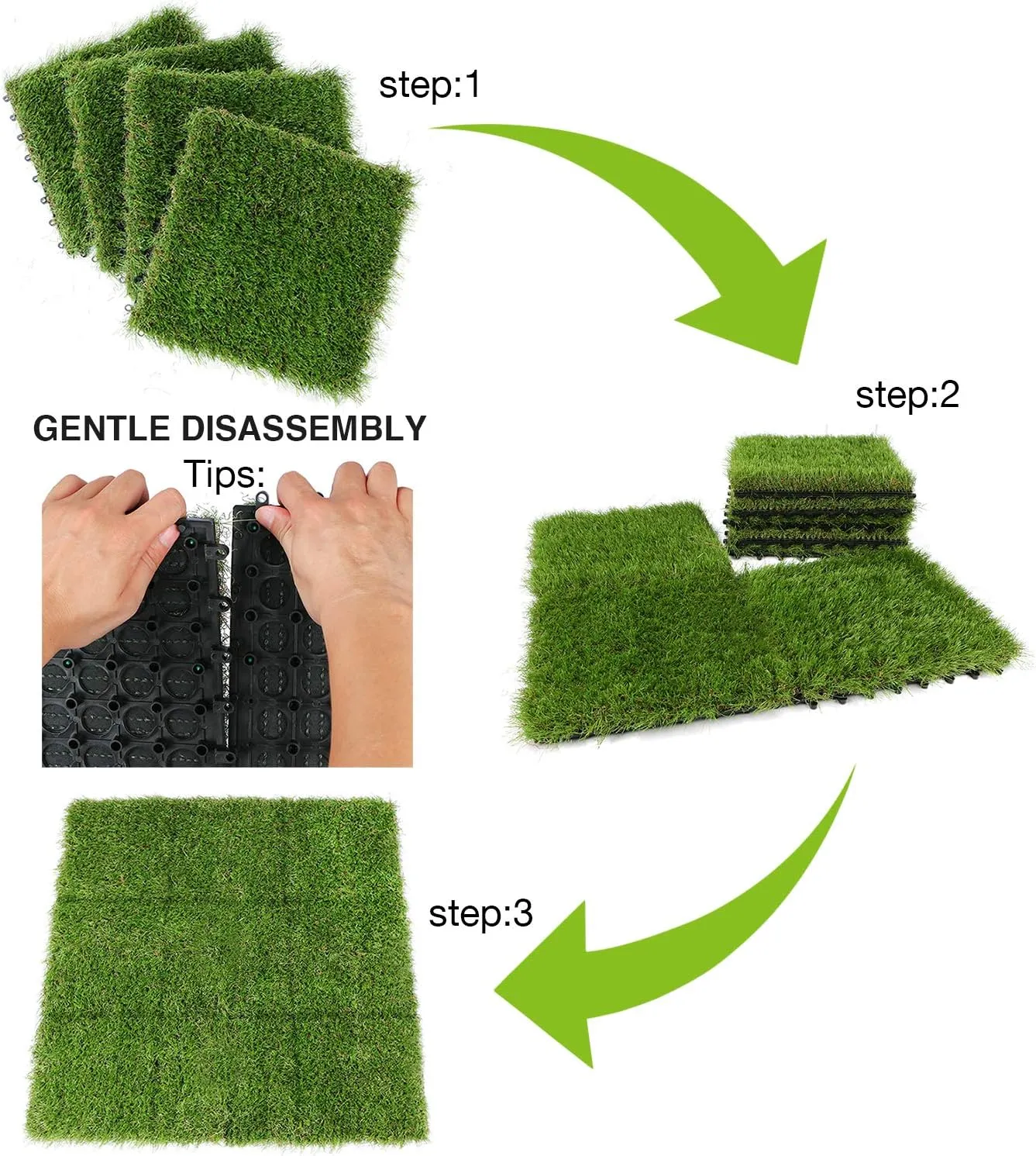 XLX TURF Outdoor Artificial Grass Tiles Interlocking Turf Squares 9 Pack, 12"x12" Fake Grass Mat for Balcony Patio Deck Flooring Decor, Pets Dog Pee Pad, Self-draining 8 Buckle System