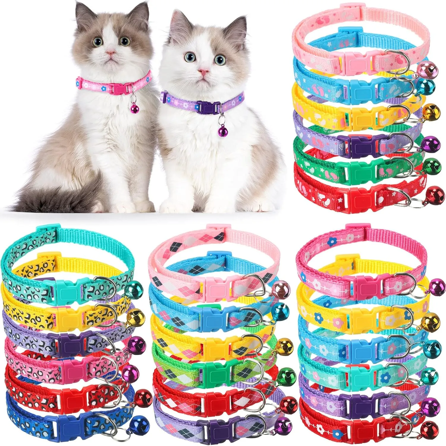 Yunsailing 24 Pcs Puppy Collars with Bells for Litter Cat Soft Nylon Whelping Adjustable Reflective Kitten Collars for Newborn Pets Dogs Cats, Assorted Colors(Cute Pattern)