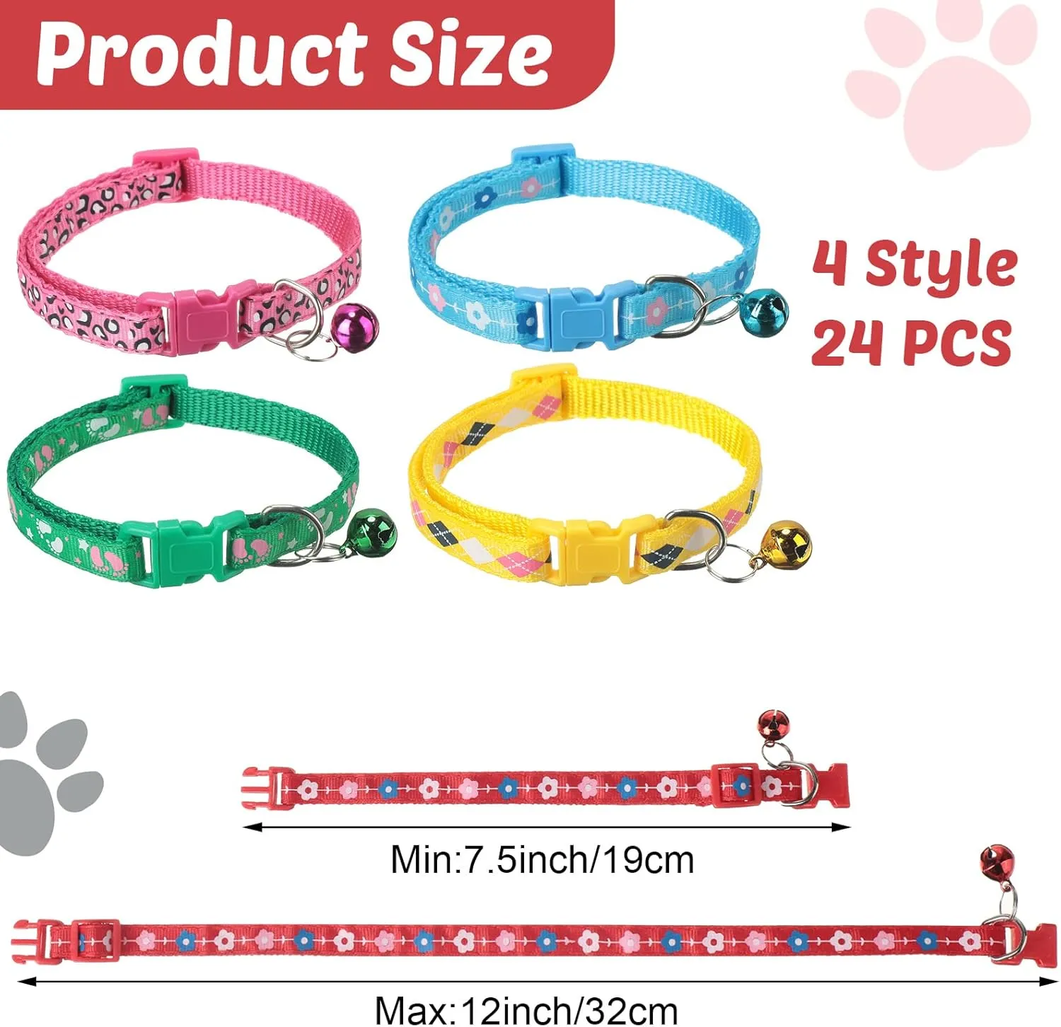 Yunsailing 24 Pcs Puppy Collars with Bells for Litter Cat Soft Nylon Whelping Adjustable Reflective Kitten Collars for Newborn Pets Dogs Cats, Assorted Colors(Cute Pattern)
