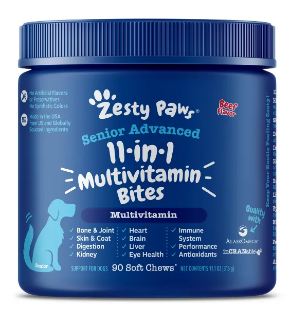 Zesty Paws Senior Advanced 11-in-1 Bites Dog Supplements (Beef)